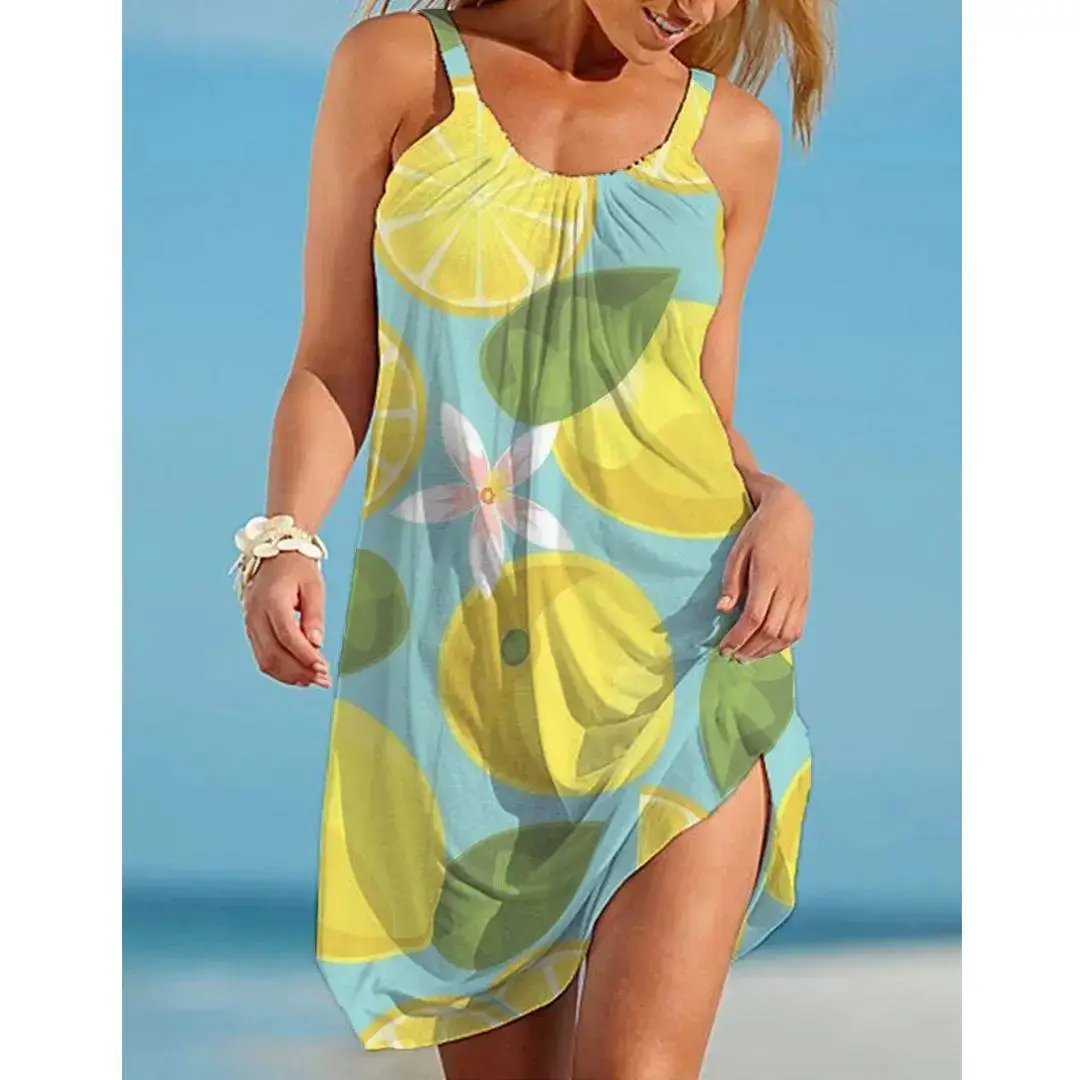 Women's 3D Digital Printed Fruit Dress Loose Waist Strap - Image 7