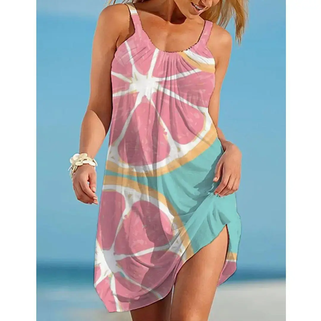 Women's 3D Digital Printed Fruit Dress Loose Waist Strap - Image 9