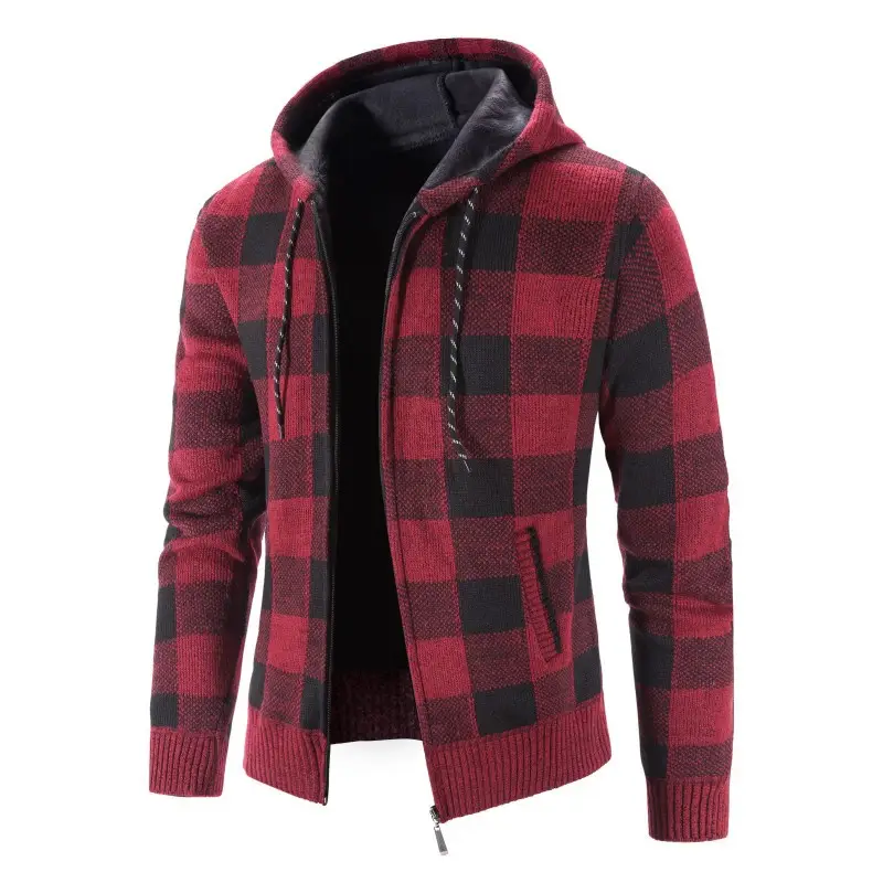 2023 New Winter Hooded Plaid Sweater Large Men - Image 2