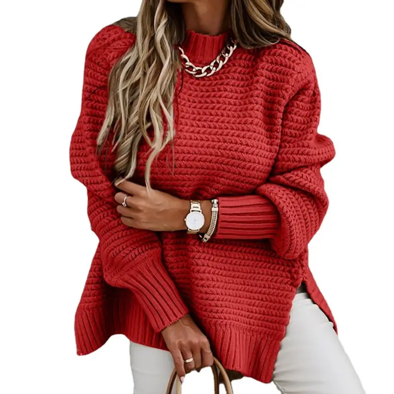2025 Winter Knit Sweater Red Half-High Collar Cuffed
