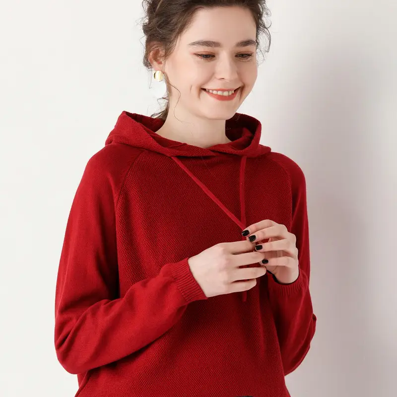 Women's Red Hooded Sweatshirt Knitted Cotton Loose Lazy Style - Image 7