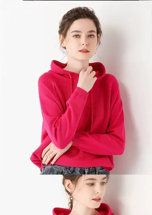 Women's Red Hooded Sweatshirt Knitted Cotton Loose Lazy Style — feature 19