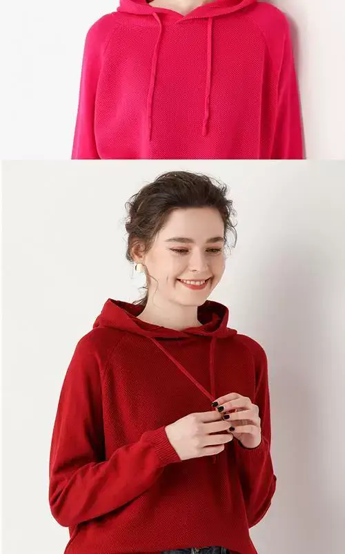 Women's Red Hooded Sweatshirt Knitted Cotton Loose Lazy Style — feature 20