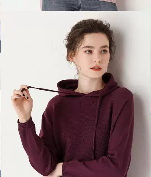 Women's Red Hooded Sweatshirt Knitted Cotton Loose Lazy Style — feature 8