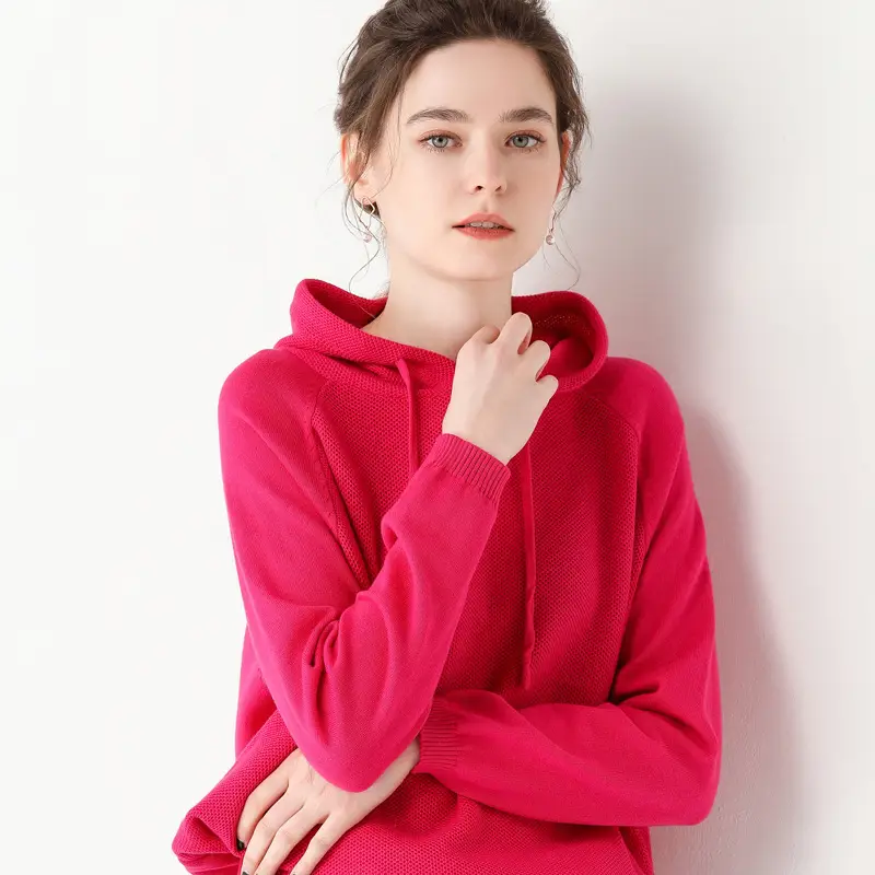 Women's Red Hooded Sweatshirt Knitted Cotton Loose Lazy Style - Image 5