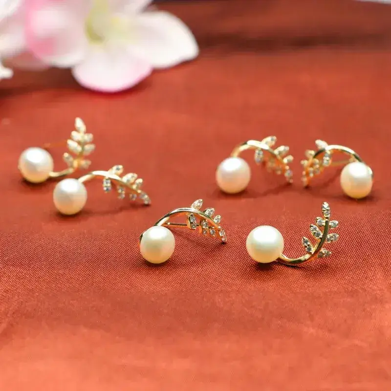 Guan Yu Earrings Freshwater Pearl Vine Leaf Design - Image 6