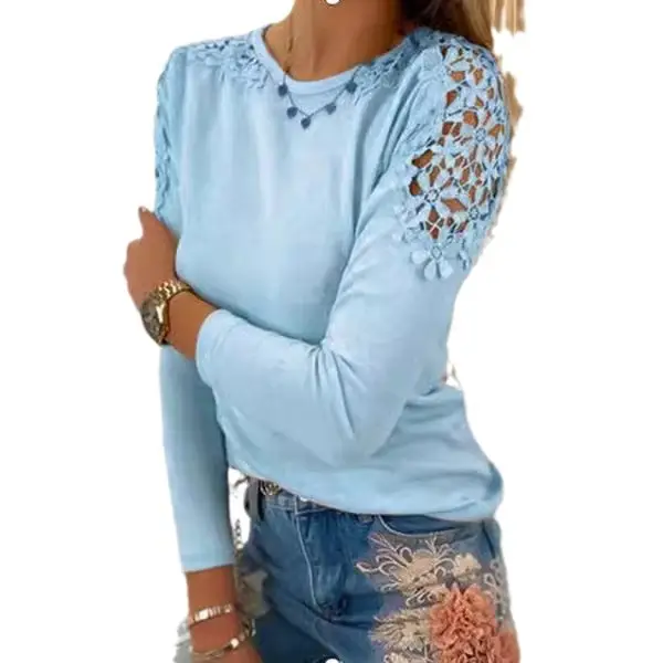 Pink Long Sleeve Lace T-Shirt S-5XL