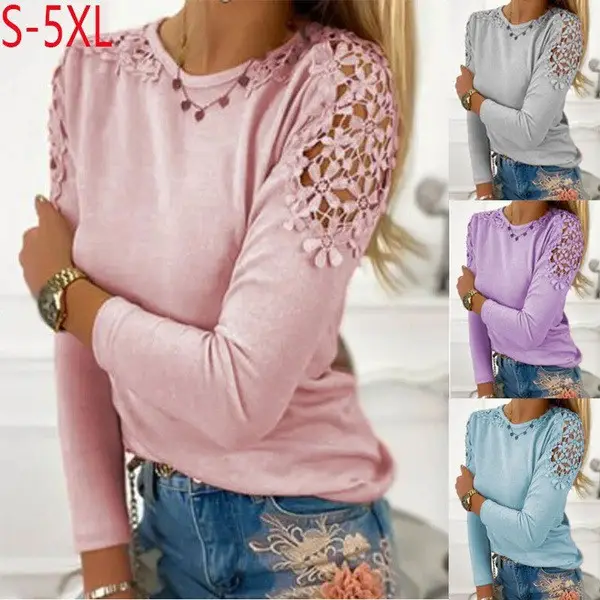 Pink Long Sleeve Lace T-Shirt S-5XL — feature 2