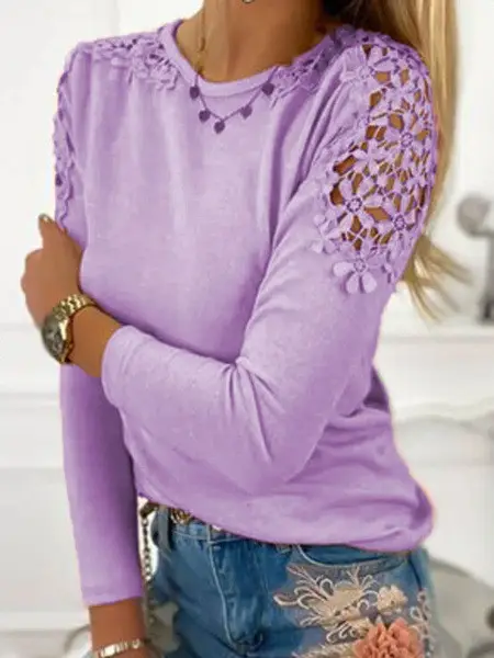 Pink Long Sleeve Lace T-Shirt S-5XL — feature 8