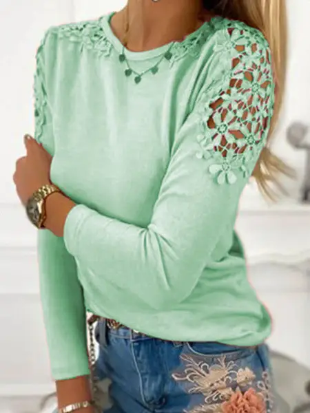Pink Long Sleeve Lace T-Shirt S-5XL