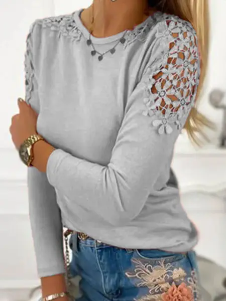 Pink Long Sleeve Lace T-Shirt S-5XL