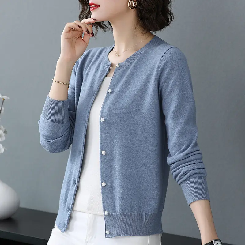 Women's Blue Knitted Cardigan Spring Autumn Casual Wear - Image 8