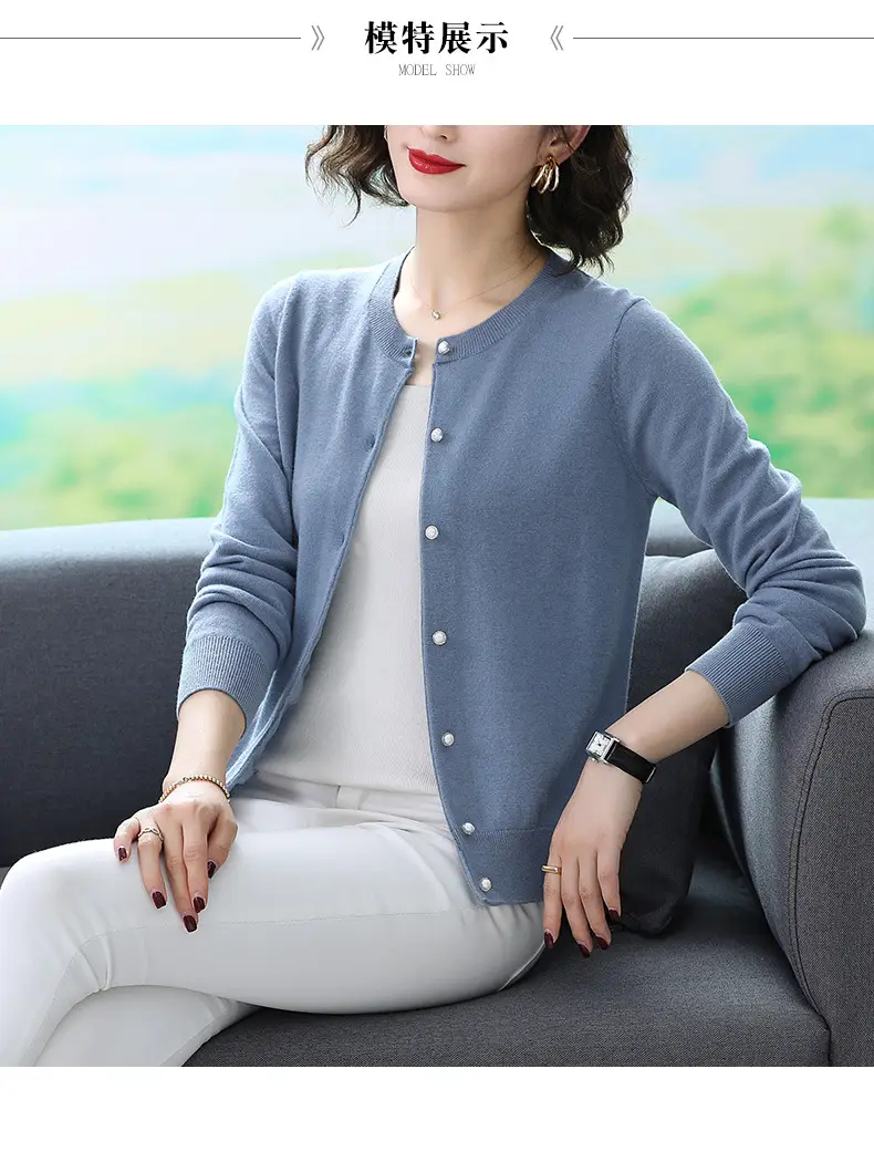 Women's Blue Knitted Cardigan Spring Autumn Casual Wear — feature 3