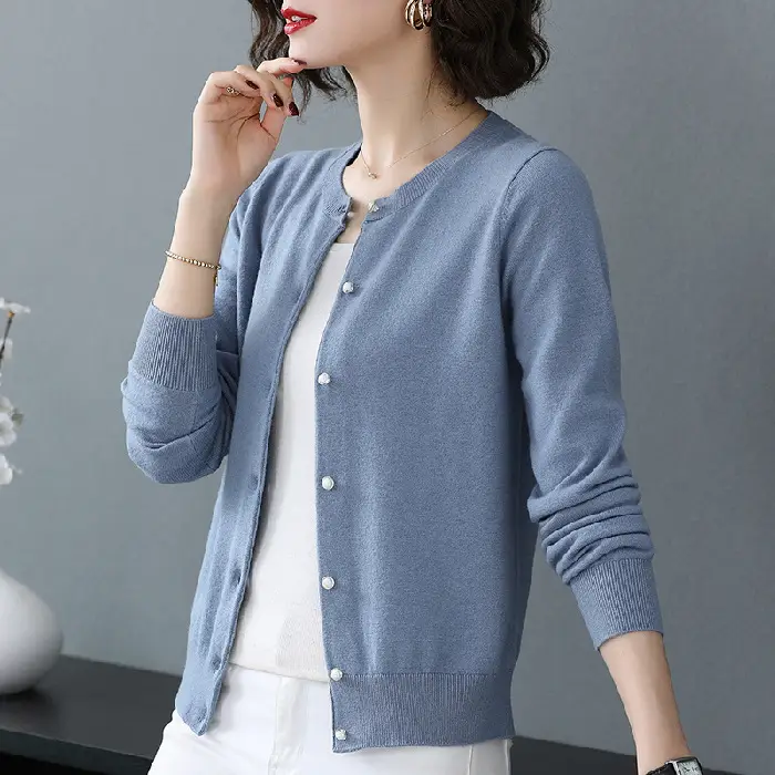 Women's Blue Knitted Cardigan Spring Autumn Casual Wear - Image 3