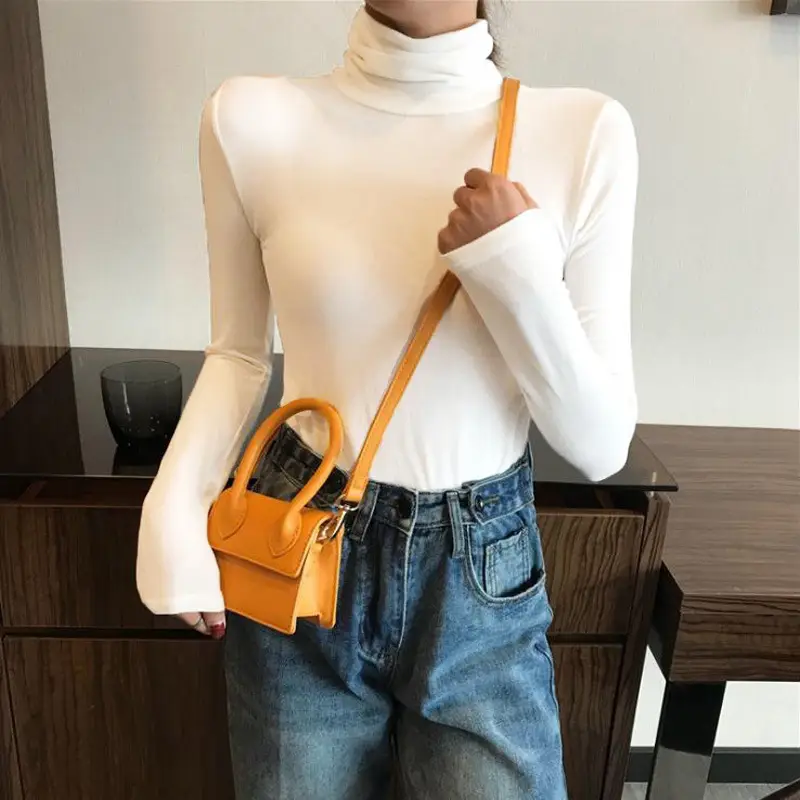 Women Fleece T-Shirt High Collar Orange Handbag