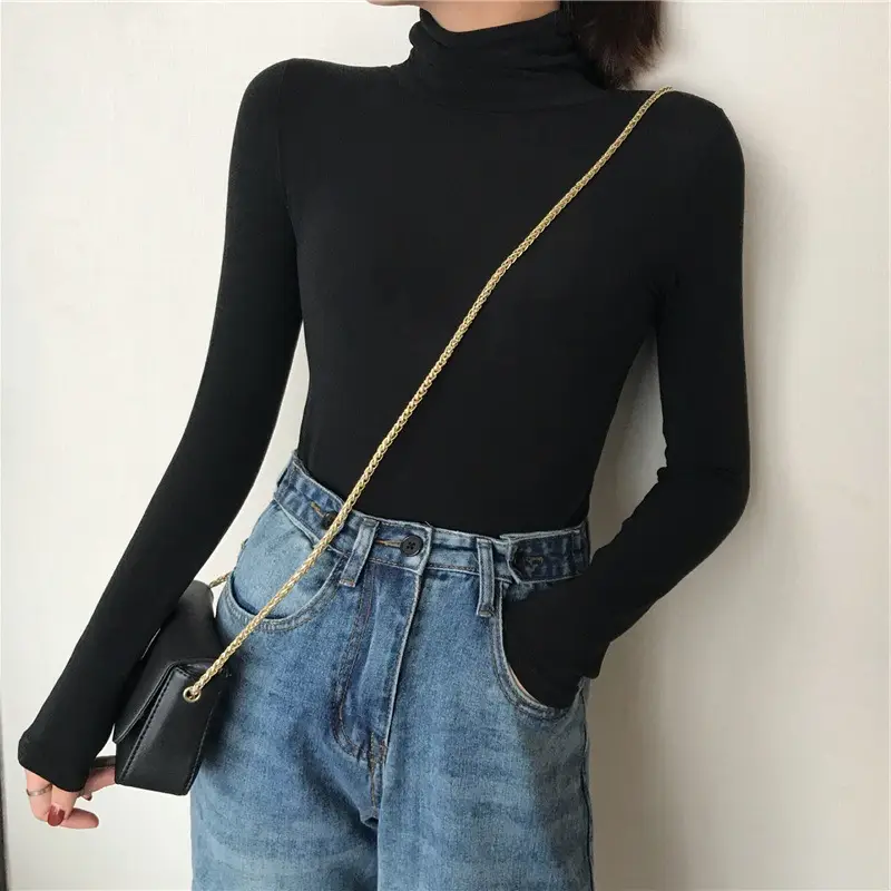 Women Fleece T-Shirt High Collar Orange Handbag