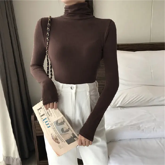 Women Fleece T-Shirt High Collar Orange Handbag
