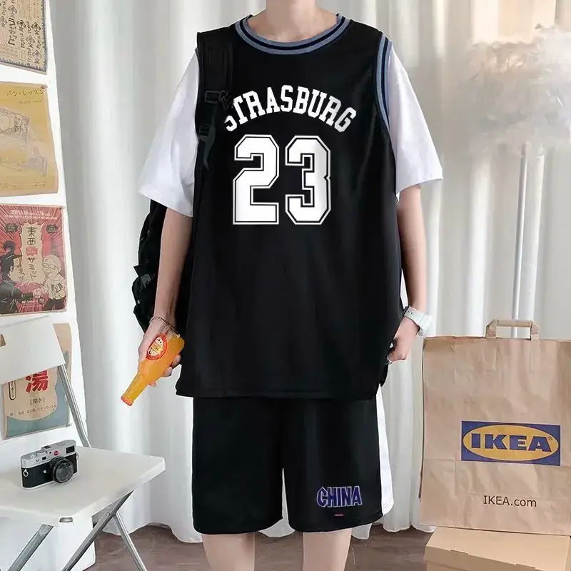 Men Basketball Jersey Shorts Set Black 23 Size