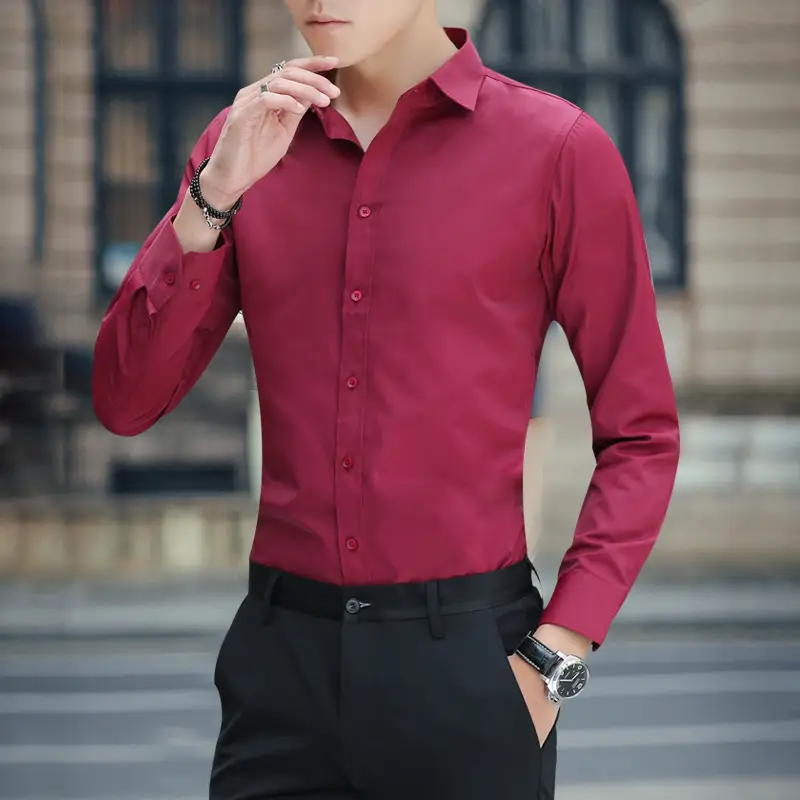 Men's Long Sleeve Maroon Button-Up Business Shirt - Image 10