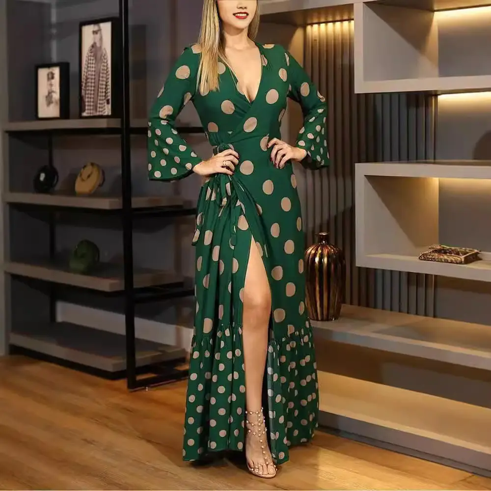2024 Printed V-Neck Long Sleeve Dress Women