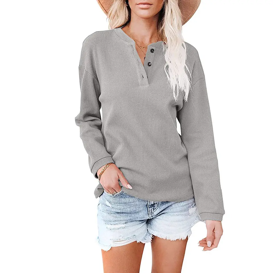2024 Women's V Neck Long Sleeve Grey T-Shirt - Image 2