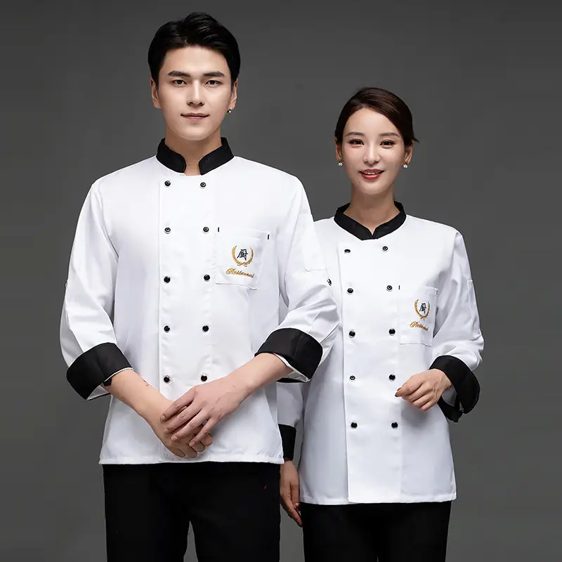 Men's Blue Chinese Restaurant Kitchen Chef Shirt Long Sleeve - Image 7
