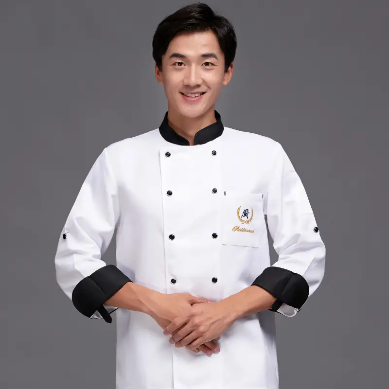 Men's Blue Chinese Restaurant Kitchen Chef Shirt Long Sleeve - Image 3