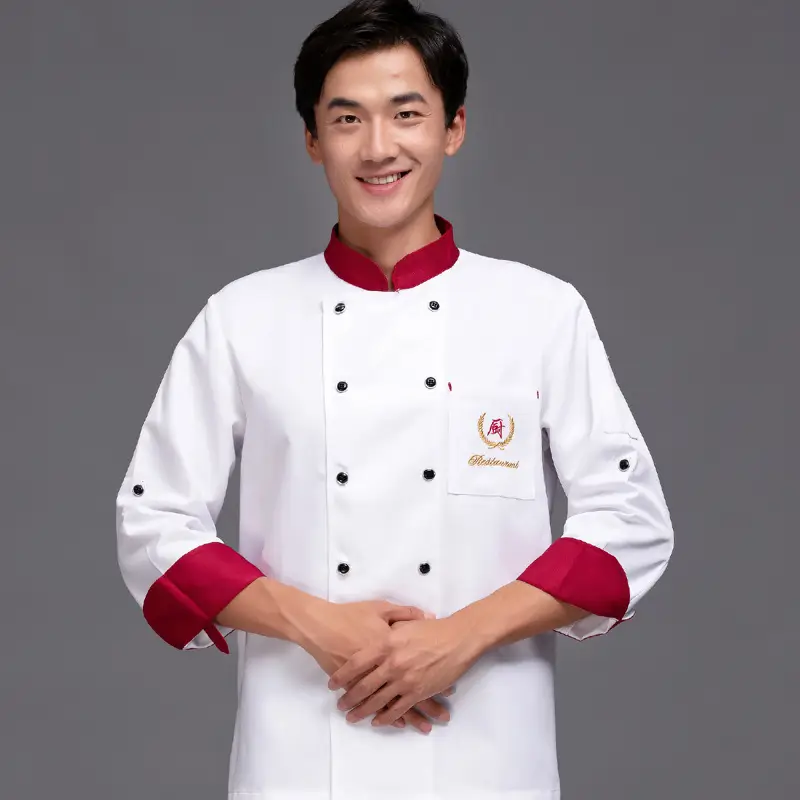 Men's Blue Chinese Restaurant Kitchen Chef Shirt Long Sleeve - Image 4