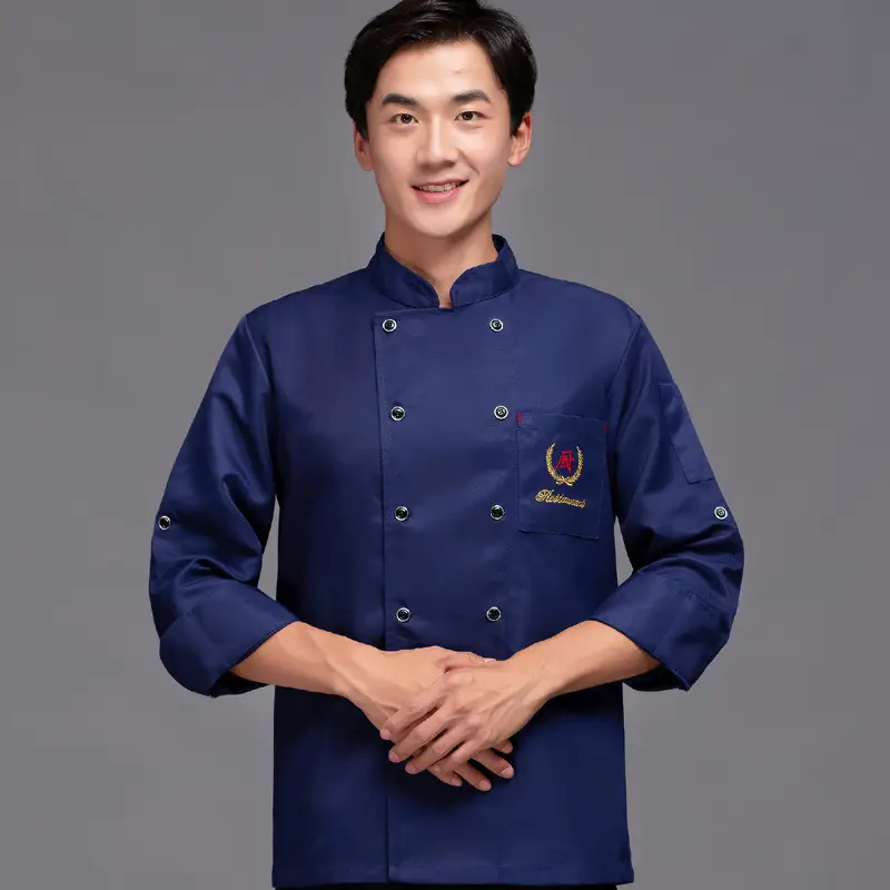Men's Blue Chinese Restaurant Kitchen Chef Shirt Long Sleeve - Image 5