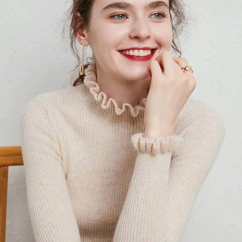 Women's Knit Sweater with Floral Collar Beige - Image 5