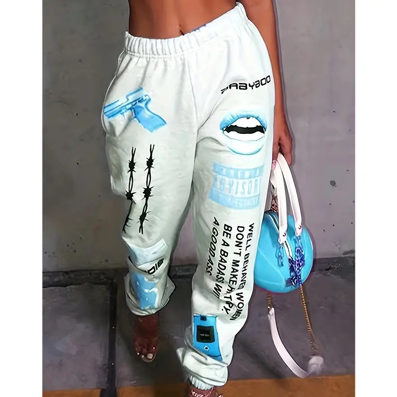 Women Printed Elastic Waist Sports Pants Black Pink 2024 - Image 10