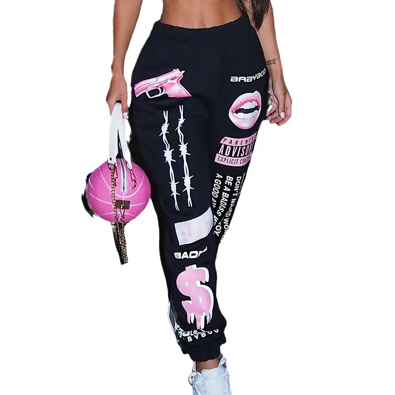 Women Printed Elastic Waist Sports Pants Black Pink 2024 - Image 13