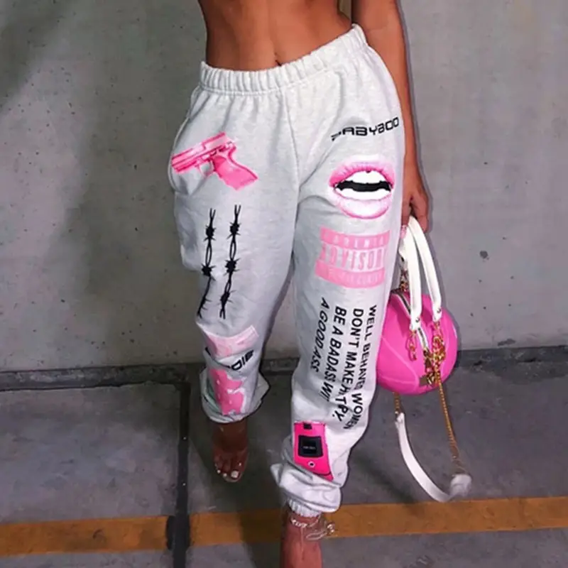Women Printed Elastic Waist Sports Pants Black Pink 2024 - Image 2