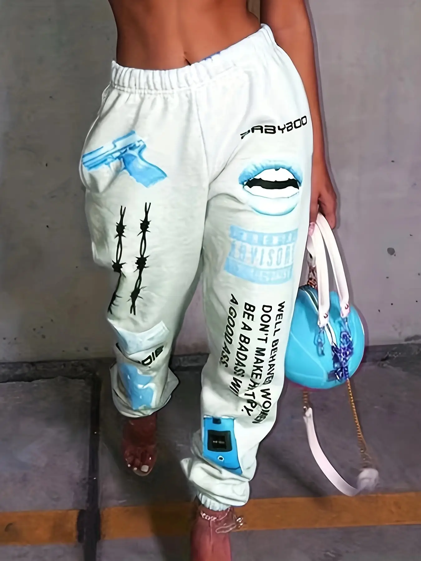 Women Printed Elastic Waist Sports Pants Black Pink 2024 - Image 5