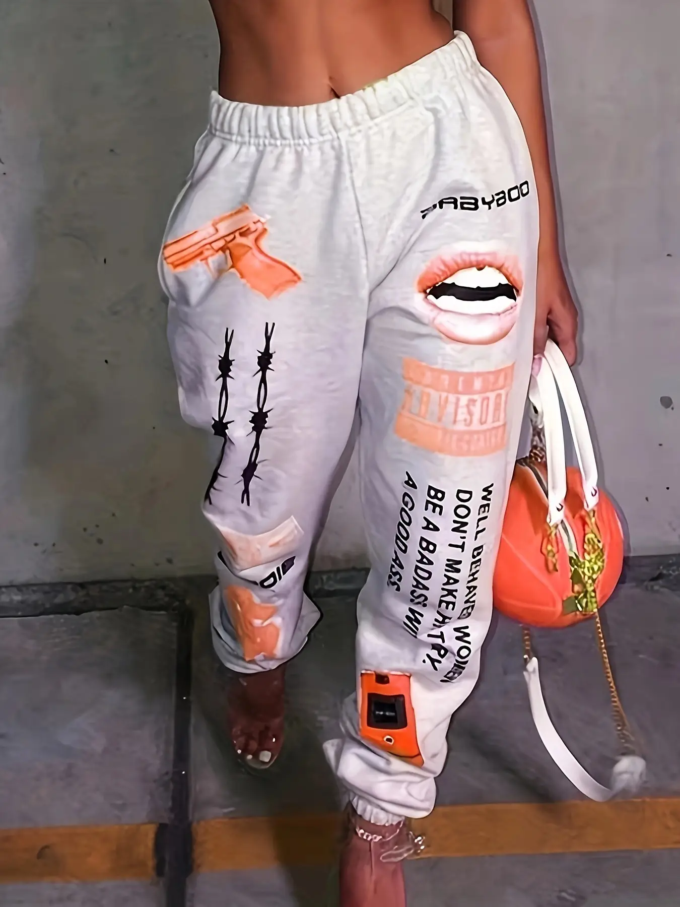 Women Printed Elastic Waist Sports Pants Black Pink 2024 - Image 7