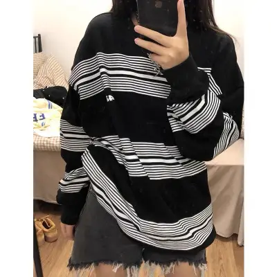 Women Long Sleeve Striped Sweatshirt Black White - Image 4