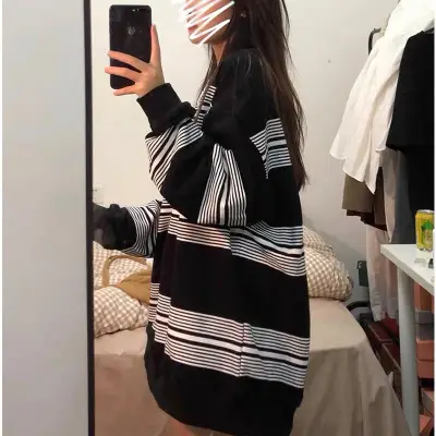 Women Long Sleeve Striped Sweatshirt Black White - Image 5