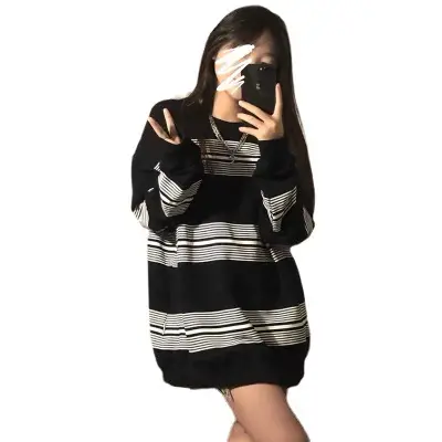 Women Long Sleeve Striped Sweatshirt Black White - Image 7