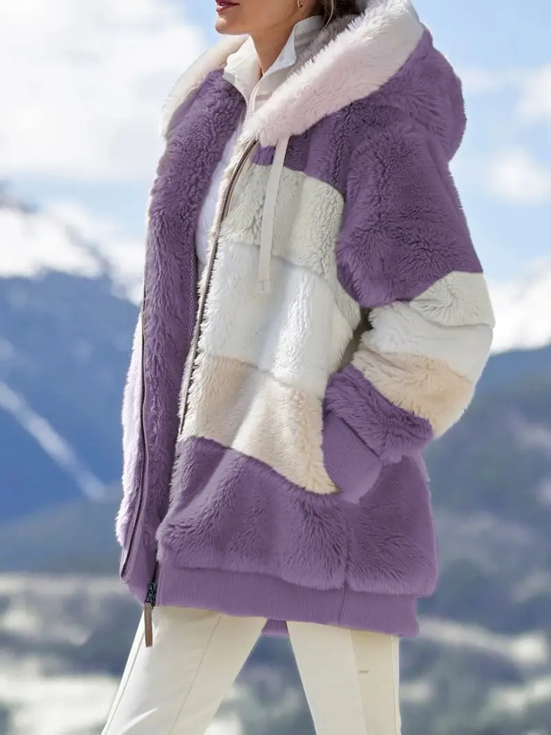 2023 Purple Plush Hooded Zipper Coat for Women - Image 2