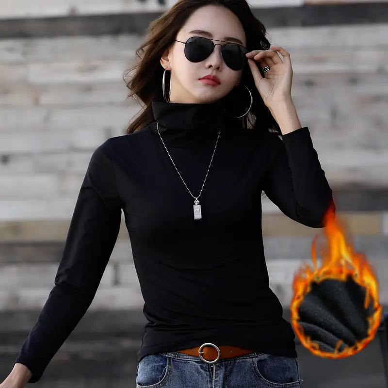 Women Fleece Lined Half Collar T-Shirt Brown