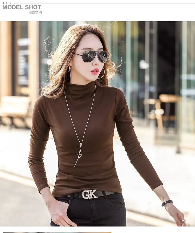 Women Fleece Lined Half Collar T-Shirt Brown — feature 3