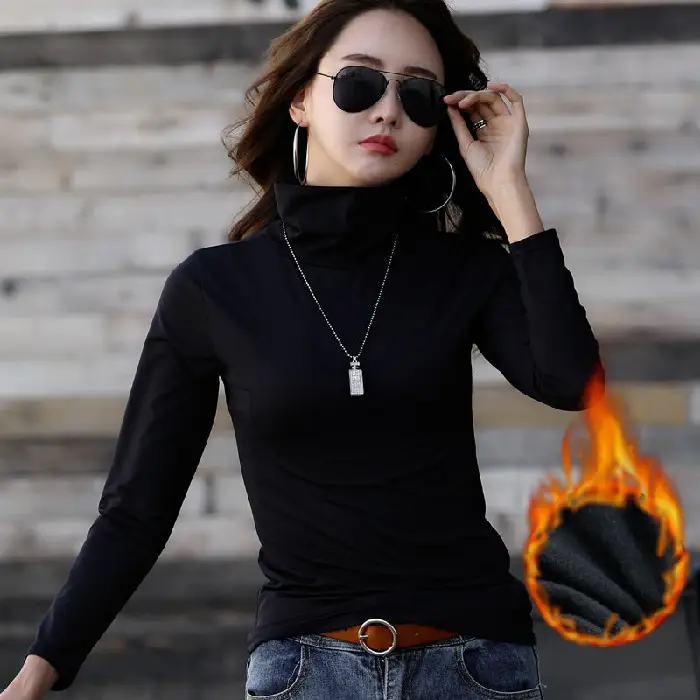 Women Fleece Lined Half Collar T-Shirt Brown