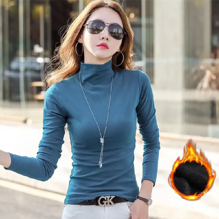 Women Fleece Lined Half Collar T-Shirt Brown
