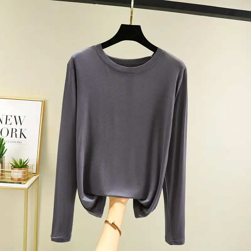Women Grey Long Sleeve T-Shirt Slim Fit Round Neck - Image 8