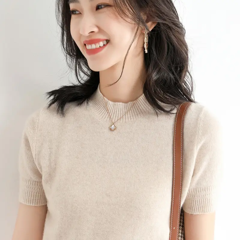 Women Knitted Sweater T-Shirt Beige Slim Fit - Image 16