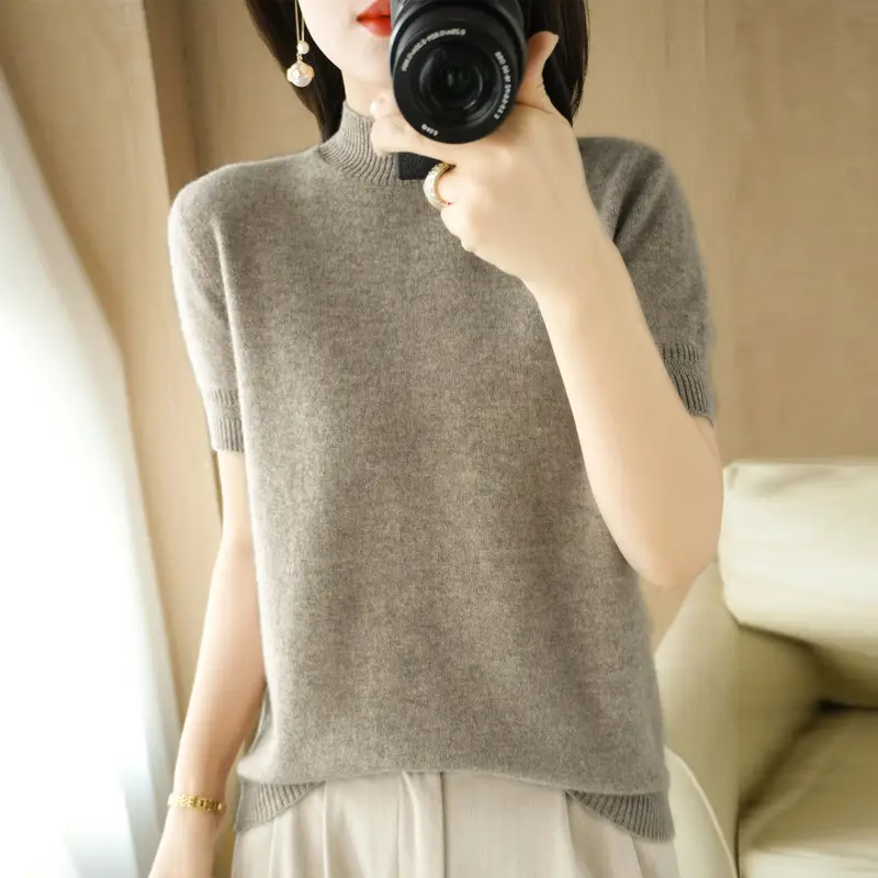 Women Knitted Sweater T-Shirt Beige Slim Fit - Image 11