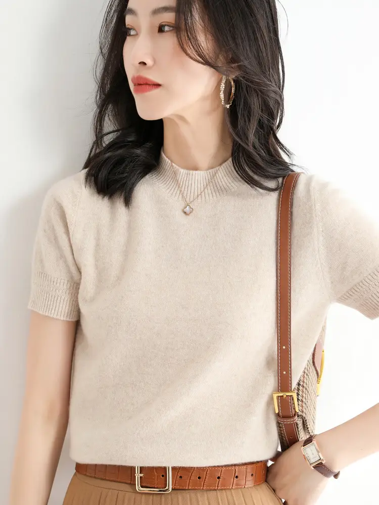 Women Knitted Sweater T-Shirt Beige Slim Fit - Image 3