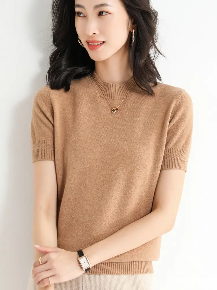 Women Knitted Sweater T-Shirt Beige Slim Fit - Image 4