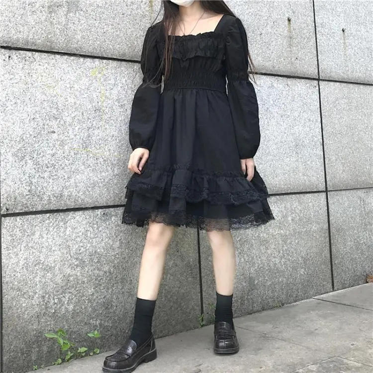 Black Lace Puff Sleeve Hepburn Dress for Women - Image 4
