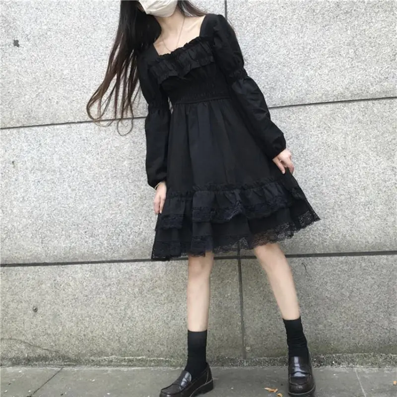 Black Lace Puff Sleeve Hepburn Dress for Women - Image 5